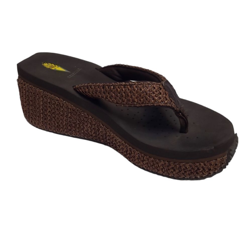 VOLATILE Y2K brown raffia island platform wedge flip flop sandals 9‎